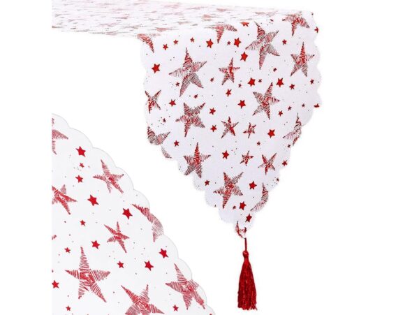BIEŻNIK SZARFA ŚWIĄTECZNA Z FRĘDZLAMI 180x36cm - gwiazdki czerwony