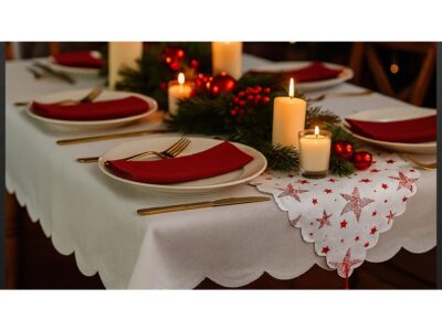 BIEŻNIK SZARFA ŚWIĄTECZNA Z FRĘDZLAMI 180x36cm - gwiazdki czerwony