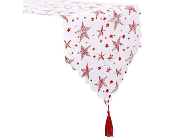 BIEŻNIK SZARFA ŚWIĄTECZNA Z FRĘDZLAMI 180x36cm - gwiazdki czerwony
