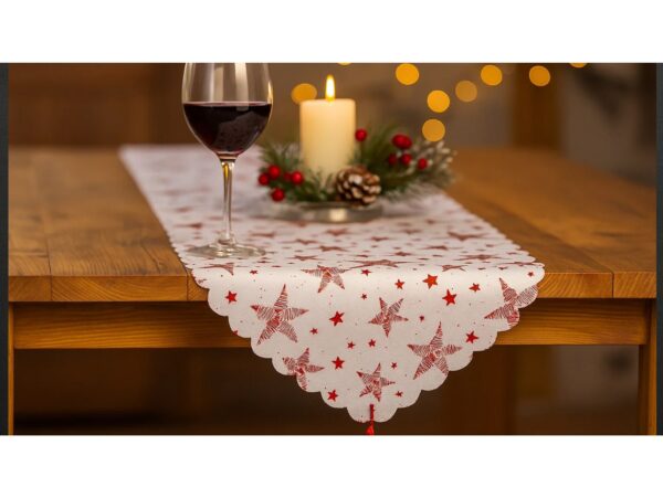 BIEŻNIK SZARFA ŚWIĄTECZNA Z FRĘDZLAMI 180x36cm - gwiazdki czerwony