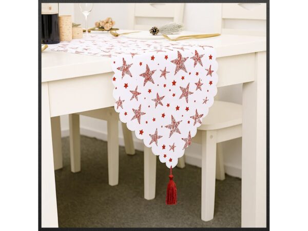 BIEŻNIK SZARFA ŚWIĄTECZNA Z FRĘDZLAMI 180x36cm - gwiazdki czerwony