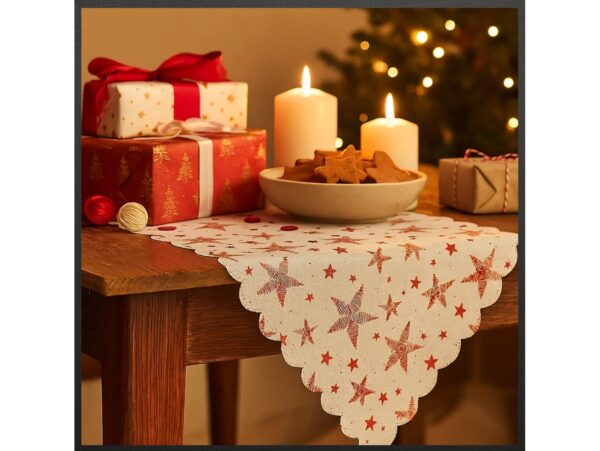 BIEŻNIK SZARFA ŚWIĄTECZNA Z FRĘDZLAMI 180x36cm - gwiazdki czerwony