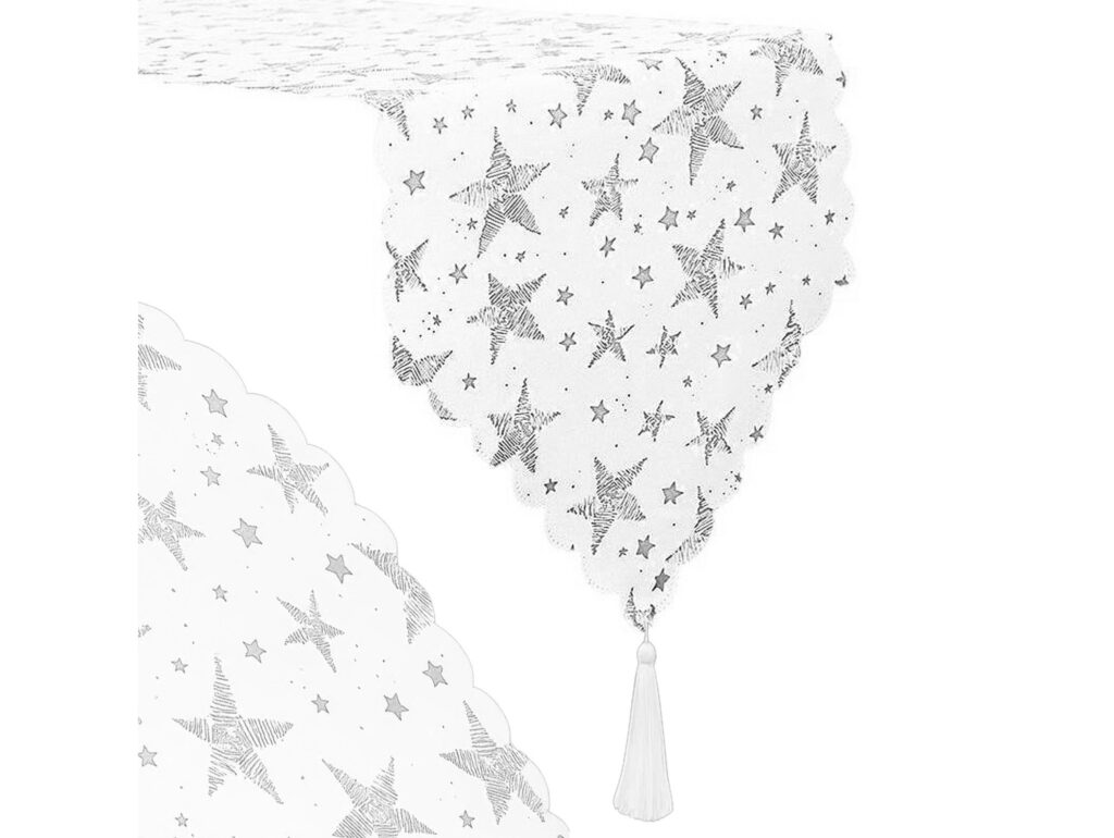 BIEŻNIK SZARFA ŚWIĄTECZNA Z FRĘDZLAMI 180x36cm - gwiazdki srebrny