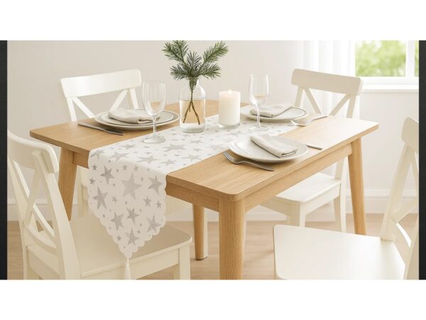 BIEŻNIK SZARFA ŚWIĄTECZNA Z FRĘDZLAMI 180x36cm - gwiazdki srebrny