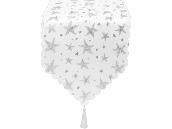 BIEŻNIK SZARFA ŚWIĄTECZNA Z FRĘDZLAMI 180x36cm - gwiazdki srebrny