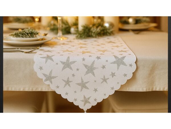BIEŻNIK SZARFA ŚWIĄTECZNA Z FRĘDZLAMI 180x36cm - gwiazdki srebrny