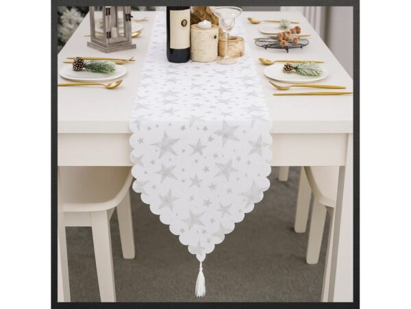 BIEŻNIK SZARFA ŚWIĄTECZNA Z FRĘDZLAMI 180x36cm - gwiazdki srebrny