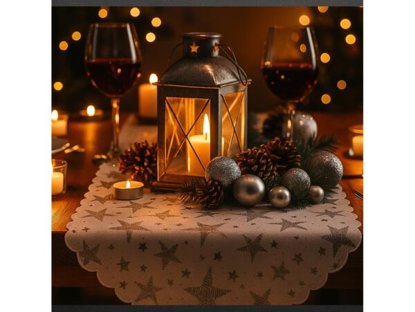 BIEŻNIK SZARFA ŚWIĄTECZNA Z FRĘDZLAMI 180x36cm - gwiazdki srebrny