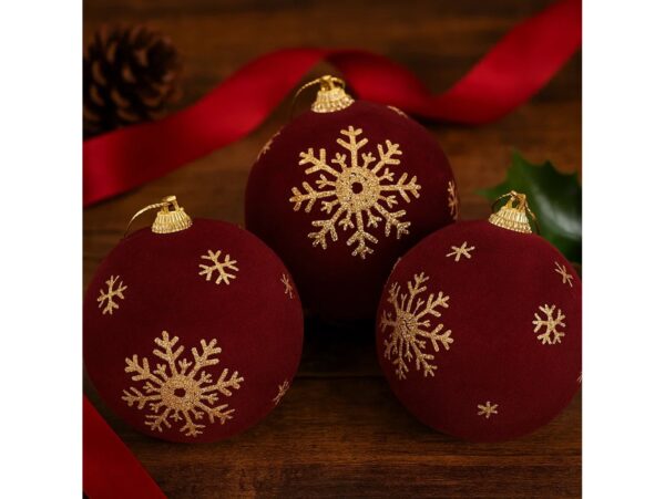 BOMBKI CHOINKOWE STYROPIANOWE FLOKOWANE 8CM 3SZT - bordowy