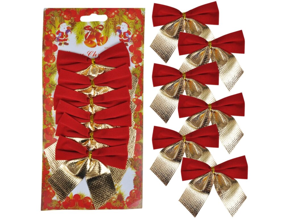 KOKARDKI ŚWIĄTECZNE ZAMSZOWE 6szt 7cm - czerwono-złoty
