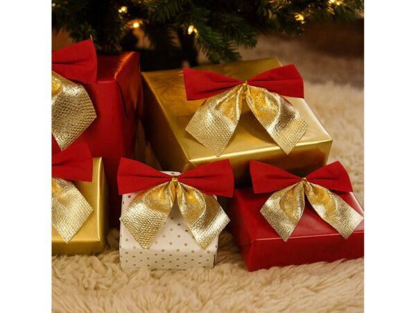 KOKARDKI ŚWIĄTECZNE ZAMSZOWE 6szt 7cm - czerwono-złoty