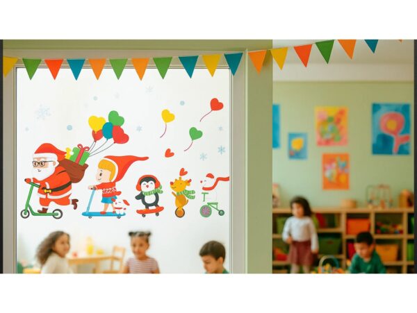 NAKLEJKI NA OKNO ŚWIĄTECZNE 48x34 2 ARKUSZE - mikołaj na hulajnodze