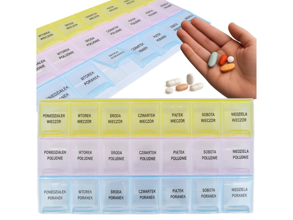 POJEMNIK ORGANIZER NA LEKI 21 KOMORY - polskie napisy