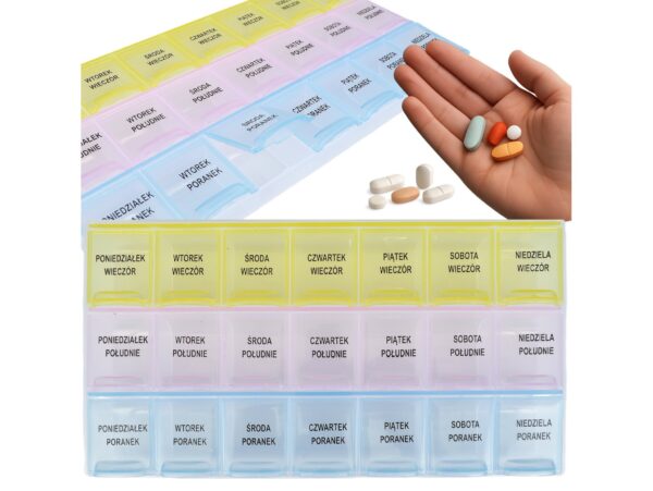 POJEMNIK ORGANIZER NA LEKI 21 KOMORY - polskie napisy