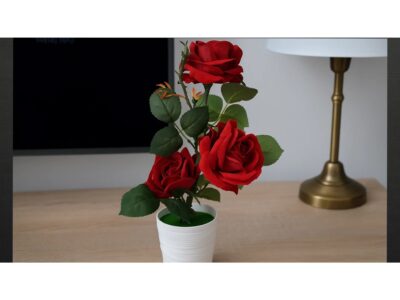 RÓŻA KWIAT SZTUCZNY 38cm 3 KWIATY W DONICZCE - czerwony