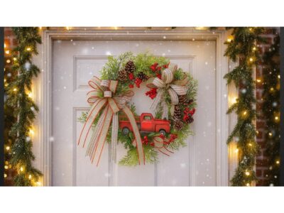 WIANEK ŚWIĄTECZNY WIENIEC SAMOCHÓD Z SZYSZKAMI 40CM