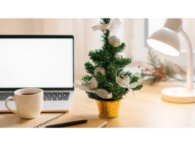 CHOINKA SZTUCZNA Z PRZYSTROJENIEM 40cm - srebrny z złota doniczką