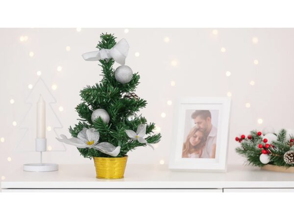 CHOINKA SZTUCZNA Z PRZYSTROJENIEM 40cm - srebrny z złota doniczką