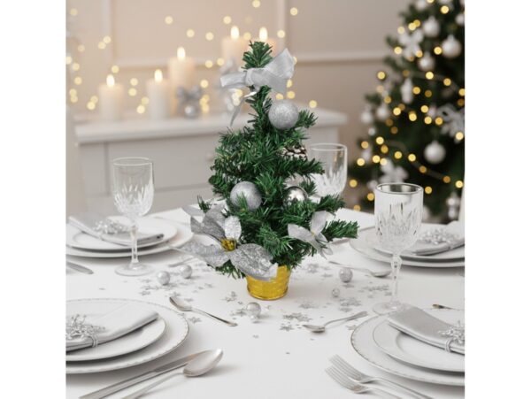 CHOINKA SZTUCZNA Z PRZYSTROJENIEM 40cm - srebrny z złota doniczką