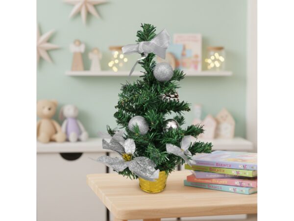 CHOINKA SZTUCZNA Z PRZYSTROJENIEM 40cm - srebrny z złota doniczką