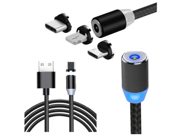 KABEL USB-MICRO USB-C LIGHTNING TYP-C 3w1 MAGNETYCZNY - czarny