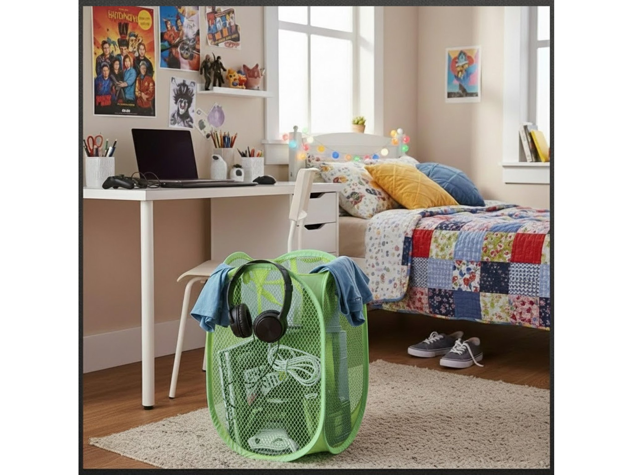 KOSZ NA ZABAWKI PRANIE SIATKOWY SKŁADANY 47x30cm - zielony