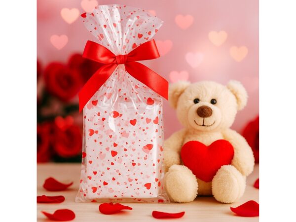 WORECZKI FOLIOWE CELOFAN 28x40 100SZT - czerwone serca